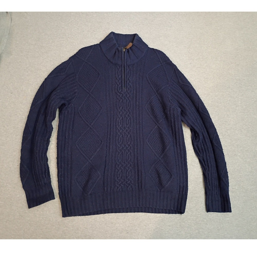 Jos A Bank Mens Large Navy Blue Lambswool Blend Cable Knit Quarter Zip Sweater